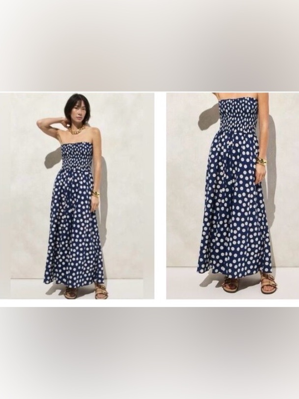 J. Crew Navy and White Polka Dot Smocked Maxi Dress